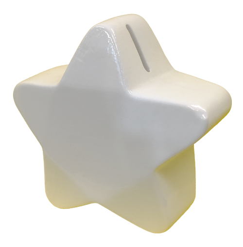 A white star shaped piggy bank.