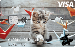 Space Age on demand card Kitten playing with Origami Swans example
